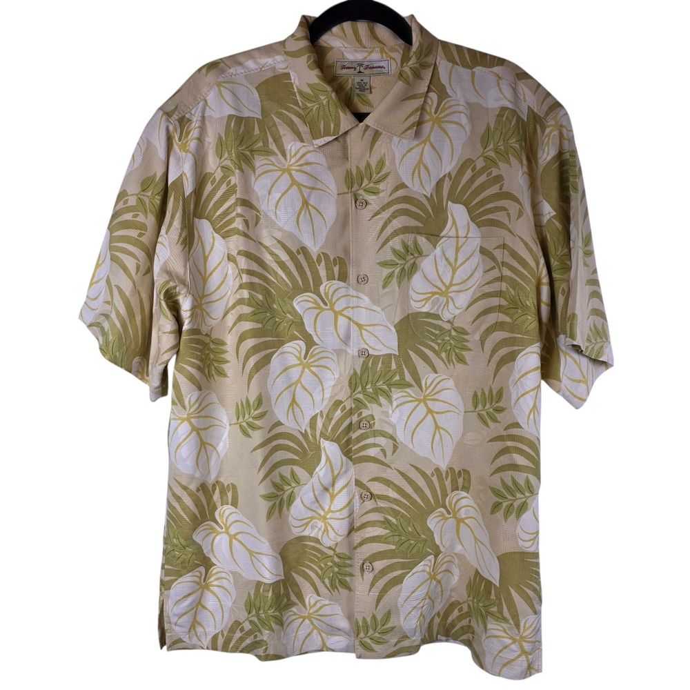 Tommy Bahama Men's Silk Tropical Leaf Print Short Sleeve Button Down Shirt Tan M